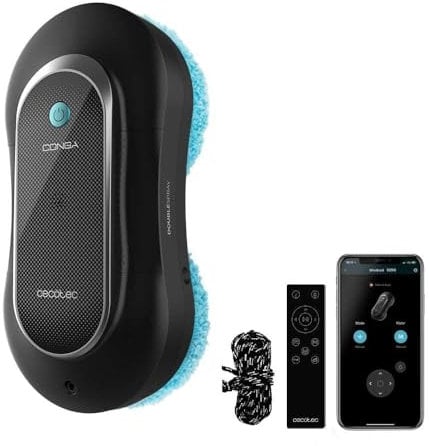 Cecotec Robot Limpiacristales Conga Windroid 1090 Double Spray Connected, 3 en 1; Pulveriza, Limpia y Seca, Doble Spray, App y Mando, 8 Modos, Radio de acción 7,5m, Cuerda de Seguridad, Kit Limpieza
