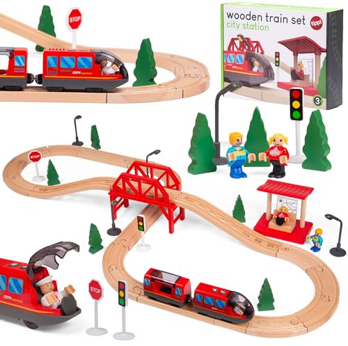 Tippi Wooden Train Set - 44 Piece Train Track With Battery Powered Train - Wooden Toys for Kids Age 3+