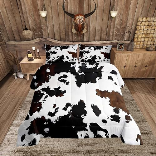 Feelyou Bettwäscheset mit schwarzem Kuhfell für Kinder, Jungen, Mädchen, Western-Cowboy-Schmusetuch, Rindsleder-Muster, Bettwäsche-Set, Kleinkindgröße, Schlafzimmer, Dekoration, Bauernhof, Tierhaut,