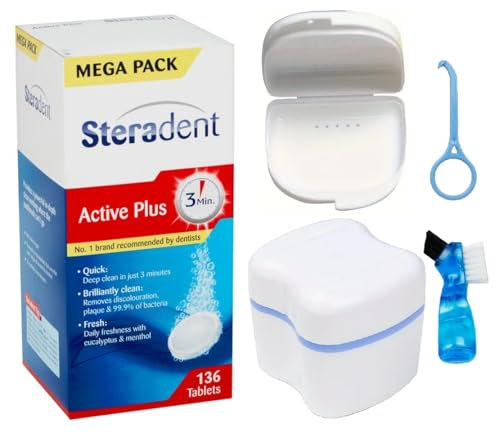 Retainer Cleaning Kit with Bath Case and 136 Tablets (3.5 Months Supply) – Odor-Free Dental Fresh Brite Cleaner for All Dentures, Aligners, Invisalign and Mouthguards – Kills 99.9% Bacteria, Cleansers