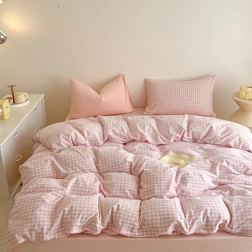 Covebett Housse de Couette 220x240 à Carreaux Vichy Rose et Blanc Moderne Parure de Lit Adulte 2 Personnes Housse Couette en Microfibre Linge de lit avec Fermeture Éclair et 2 Taies d'oreiller 65x65