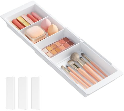 Lifewit Schubladen Organizer, Verstellbar Schubladentrenner, 35.2-55.5 cm länge und 4.7 cm hoch, Hängend Kunststoff Schminktisch Organizer für Kosmetik, Make up, Küchen, Büro, 1 Stück, Weiß