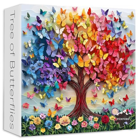 PICKFORU Colorful Butterfly Puzzles for Adults 1000 Pieces, Tree of Life Jigsaw Puzzle Rainbow Floral, Unique Spring Flower Art Theme as Home Decor