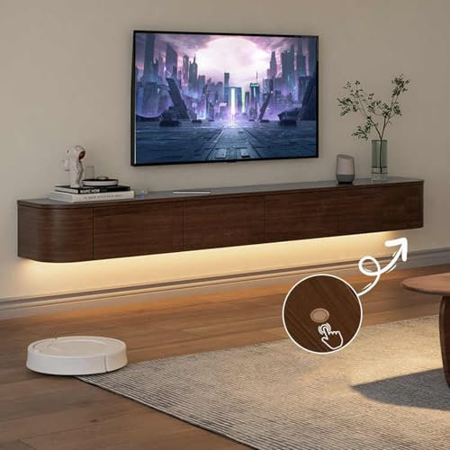 Floating TV Unit，The TV stand cabinet with LED lights, wall-mounted TV console with side cabinets and 2 drawers, entertainment media center, and large storage shelf under the TV (LED, 180*20*30CM)