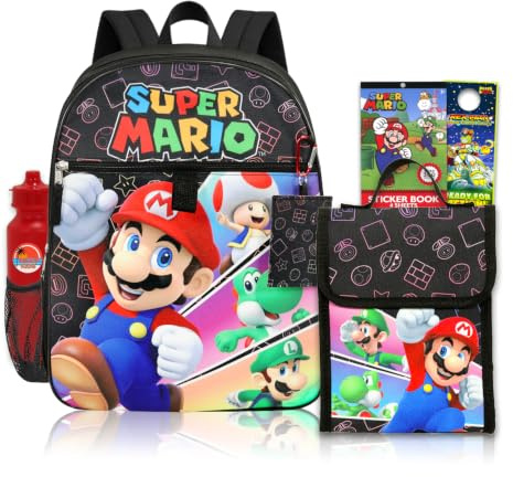 Super Mario Set zaino e borsa per il pranzo – Bundle con zaino, scatola per il pranzo, adesivi, bottiglia d'acqua, altro | Super Mario Bros Zaino da scuola per ragazzi