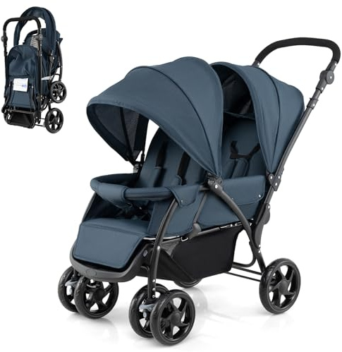 COSTWAY Passeggino Doppio Pieghevole Bambini, Passeggino Gemellare (Blu) | con Seduta in Tandem e Tettuccio, Schienale Regolabile, Ruote Bloccabili e Antiurto, Portata Totale 30 kg