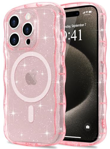 Pepmune Coque à Paillettes pour iPhone 15 Pro [Compatible avec Magsafe] Transparente Cadre Vague Bouclée Coque Bling Sparkle Antichoc Housse de Protection Glitter TPU Case pour Femmes et Filles Rose