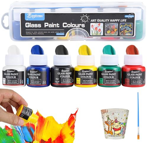 Onperpoe Glass Paints for Glass Painting, 6 Colours Stained Glass Paint with 1 Brush, Waterproof Glass painting Kit for Glass, Ceramic, Rock and Window