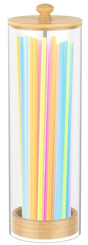 Drinking Straw Dispenser, 27x8cm Transparent Acrylic Straw Holder with Wooden Lid, Kitchen Clear Countertop Straws Organizer Bin, Multi-Purpose Storage Container for Utensils Pencil Makeup Brush