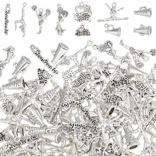 CRAFTYMELODY 100 Stück 10 Stile Cheerleader Charms Cheerleading Serie Tibetischer Stil Legierung Anhänger Antik Silber Charms Gymnastik Sport Charm