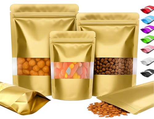 Plaphy 100Pcs Resealable Stand-up Pouches with Window (Gold, 15 x 22 cm) | Heat-Sealable Ziplock Mylar Bags, Aluminium Foil Bags for Food Storage, Snacks, Sweets, for Kitchen Use, Packaging & Retail