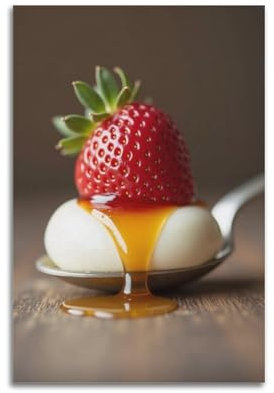 fhujgg Poster Plump Strawberry Bursting over A Spoonful of Mascarpone with Honeycomb, Wandkunst, Leinwand, ästhetisches Cover, Gemälde für Wohnzimmer, Schlafzimmer, 20 x 30 cm, ungerahmter Stil