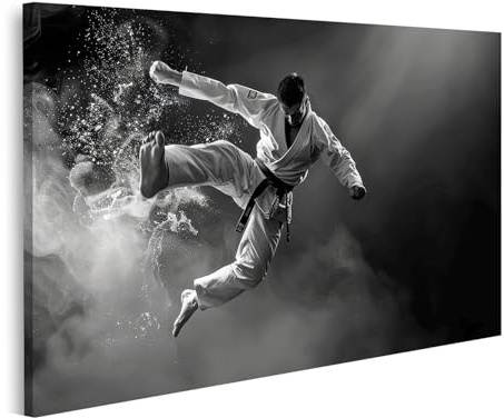 islandburner Bild auf Leinwand Karate Sprung in Aktion Schwarzweiß Fotografie Bilder Wandbilder Poster