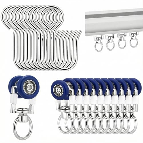 Kathfly 30 Pack Ceiling Curtain Rollers with Mute Wheel Curtain Rail Pulleys Runners Sliding Track Gliders Ceiling Mounted Rail with Rolling Hooks for Drapes, and Room Dividers