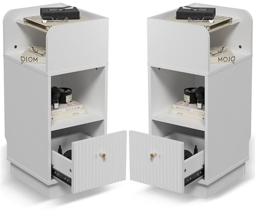 HULANAN Schmaler Nachttisch 25 cm, 2er Set,platzsparend mit Schublade und offenem Fach, 62 cm Höhe für Boxspringbetten und Sofas, als Beistelltisch für Schlafzimmer und Wohnzimmer, modernes Design