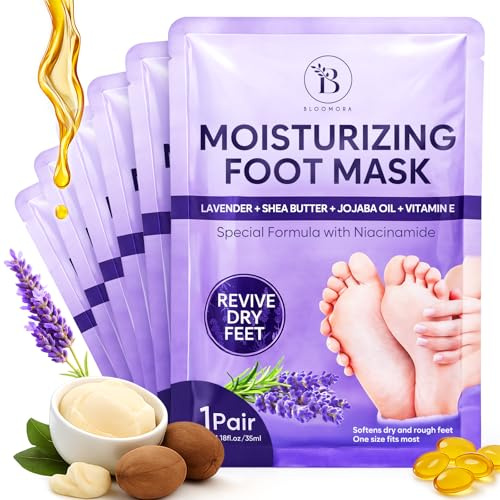 Foot Mask Moisturizing 6 Paia Maschera Piedi Idratante con Estratto | Cura per Talloni Screpolati con Burro di Karité, Olio di Jojoba e Vitamina, Idratazione Profonda per Secchi - Lavanda