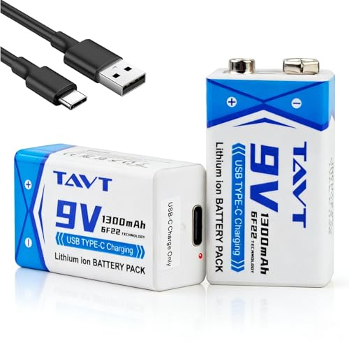 TAVT 2 Stück 1300mAh 9V Akku mit USB-C Ladeanschluss für Spielzeug, Rauchmelder, Multimeter, Walkie-Talkies, Mikrofone