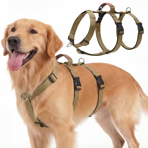 Ledeak Hundegeschirr Ausbruchsicher, Anti Zug Sicherheitsgeschirr Hund, Verstellbare Brustgeschirr mit Gepolstertem Griff, Ausbruchsicheres Geschirr für Hunde Training & Spazieren (Khaki, M)