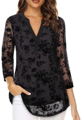 BSBUY Damblusar 3/4 ärm elegant – avslappnad V-ringad chiffong lång tröja, nät dubbla lager sommar lös passform blus topp, chiffong baströjor för dagligt arbete kontor arbete vår höst, svart, L-XXL