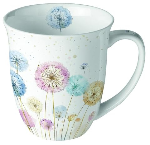 Ambiente Bone China Tasse mit Pusteblumen Design, Porzellan Becher für Tee oder Kaffee, 400ml, 10 cm Durchmesser Dandelions