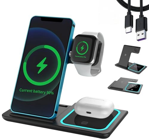 3-in-1 Induktive Ladestation, Wireless Charger für Apple Watch und iPhone, Faltbar Kabelloses Ladegerät für iPhone 17e/17/16/15/14/13/12/Air, Apple Watch 10/9/8/7/6/SE/5/4/3/, AirPods Pro(Schwarz)