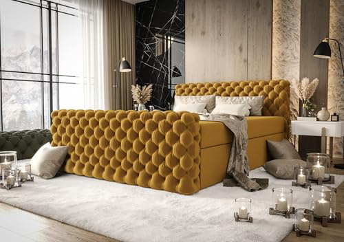 B&B HOME Boxspringbett Figo IV im Chesterfield-Stil, mit Zwei Bettkästen, Multipocket-Matratze und Topper (Honigfarben, 200 cm x 200 cm)
