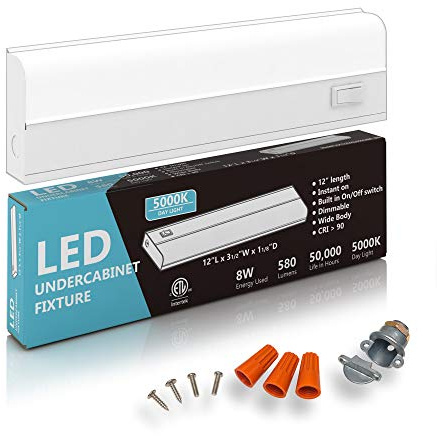 Hardwired LED Under Cabinet Lighting - 8 Watt, Dimmable, CRI>90, 5000K (Day Light), Wide Body, Long Lasting Metal Base with Frost Lens, 12 Inch
