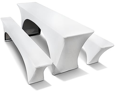 TEXMAXX® Stretch Hussen Bierzeltgarnitur 5-teiliges Set - 70 cm x 220 cm in Weiss / 2 Bierbank Hussen mit Bierbank Polster & Biertisch Husse/Tischdecke Biertisch & Bierbank Auflagen