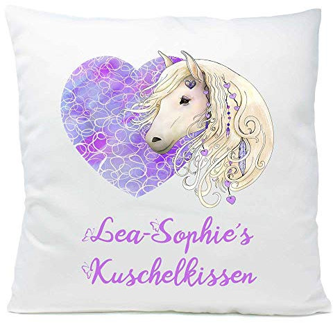 Kissen Pferd blond Herz mit Namen Widmung 40x40 cm inkl. Füllung Kuschelkissen Geschenk, Kissen Farbe:Vorderseite weiß flauschig/RS weiß flauschig