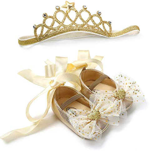 Carolilly Set Neonata Scarpe Primi Passi Bowknot Fiore Battesimo Infantile Scarpine Neonato Principessa AntiScivolo+Fascia Corona Neonata