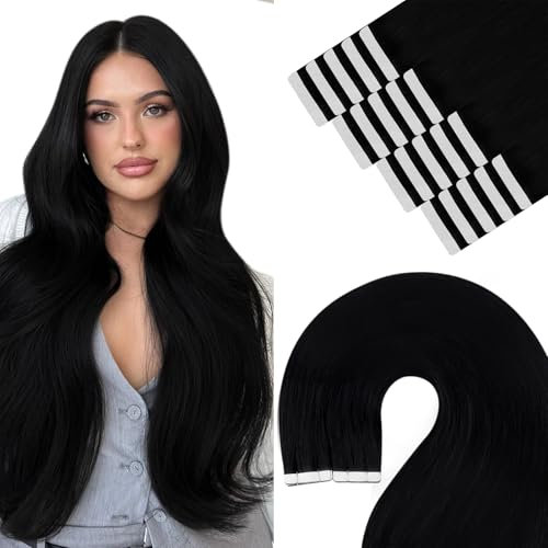 YoungSee Extensions Echthaar Tape Schwarz 60cm Tape in Extensions Schwarz Tape Extensions Echthaar Lang Tape Haarverlangerung Tape Echthaar Invisible Tape Extensions Seamless 20stuck 50g #1