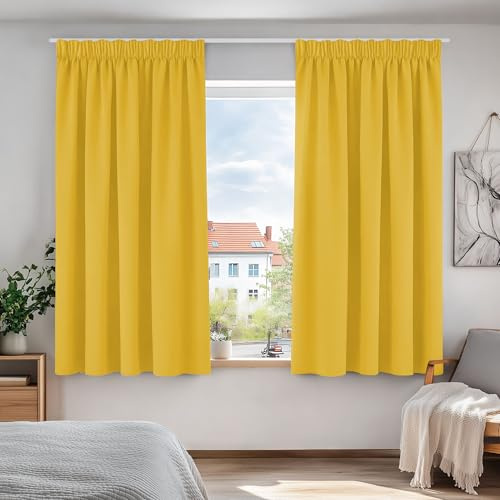 Deconovo Gardine Thermo Blickdicht Vorhang Verdunkelung Kinderzimmer, 138x132cm(HöhexBreite), Senfgelb, 2er Set