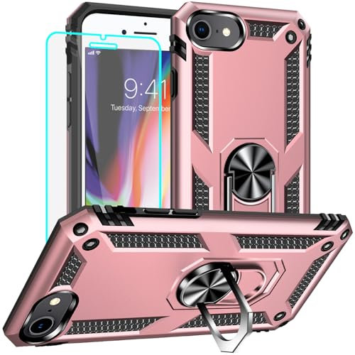 Yiakeng iPhone SE 2020 Hülle, iPhone 8 Hülle mit Schutzfolie, Stoßfest Schutzhülle Mit Ring Standfunktion Case Cover für iPhone SE 2020/8/7 (Roségold)