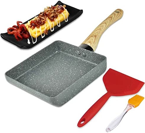 Artcome, padella giapponese per omelette con rivestimento antiaderente Tamagoyaki, rettangolare, con spatola e pennello in silicone, piastra nera e gomma magica in spugna (grigio)