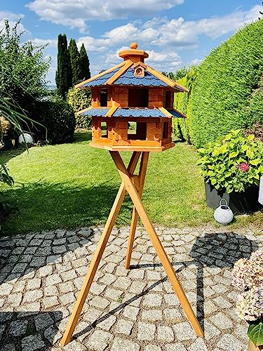 DARLUX Vogelvilla wetterfest von L bis XL Futterhaus Vogelhaus mit oder ohne Ständer in Braun mit Rot, Grün oder Blau für Garten und Balkon (Größe XL mit Ständer, Blau - Braun)