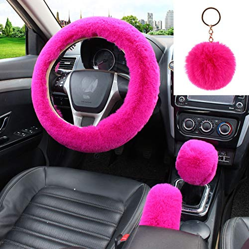 WenMei - Juego de 4 piezas de fundas mullidas para volante con funda de freno de mano y funda de palanca de cambios, llavero de felpa para volante para mujer y niña, protector de volante de coche