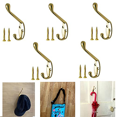 TERF® Polished Brass Double Wall Mounted & Door Hat Coat Robe Hooks for Bathroom Bedroom Kitchen Office Door Hooks with Fixing Screw - Pack of 5