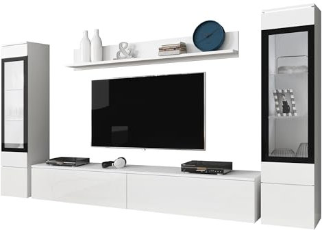 Mirjan24 Wohnwand Doppo II, Schrankwand, griffloses Öffnen, Anbauwand, Fernsehschrank, Mediawand, Wandregal, TV-Lowboard, 2X Hängevitrine (Weiß/Weiß Hochglanz, ohne Beleuchtung)