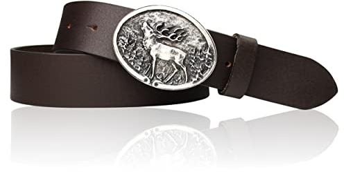 FRONHOFER Trachtengürtel Herren Ledergürtel Echtleder 4 cm, Hirsch Gürtelschnalle Silber 9 x 7,5 cm, Lederhosen Gürtel Wechselschnalle Druckknopf, Bundweite 95-125 cm, Oktoberfest, Made in Germany