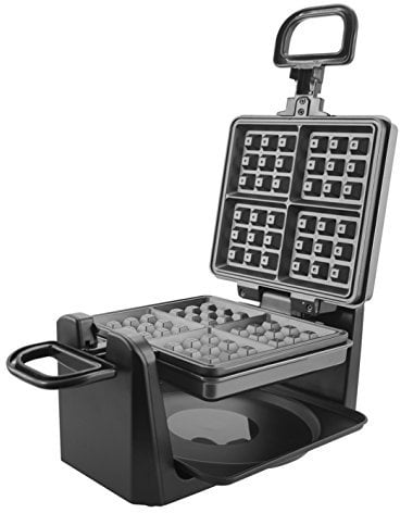 Emerio drehbares Waffeleisen für 4 belgische Waffeln zugleich, mit professioneller Dreh-Funktion, antihaftbeschichtete Platten, Temperaturregler, 1000 Watt, gut getestet, Silber, WM-110984.4