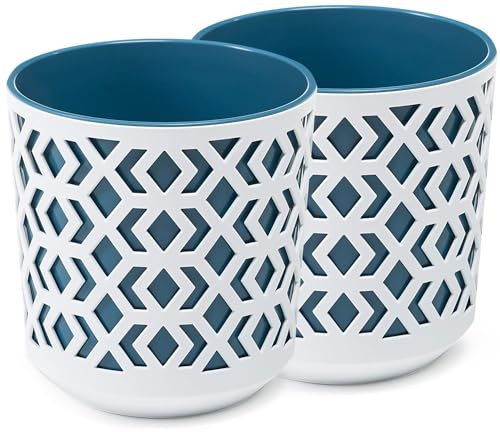 PECZEKO Matte Blumentöpfe - Deko Pflanztopf für Blumen & Kräuter - Langlebige & leichte runde Kunststoff-Pflanzentöpfe für Wohn- & Esszimmer, Küche, Terrasse, Balkon - 2er-Set - (Weiß/Blau, ø 14 cm)