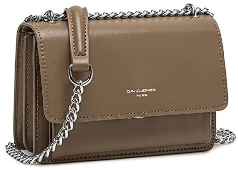 David Jones - Damen Kleine Umhängetasche - Frau Ketten Schultertasche PU Leder - Handtasche Mini Crossbody Bag mit Klappe - Handy Party Tasche Kettentasche Abendtasche Mode Trend - Braun Taupe