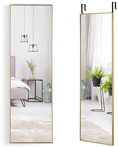 GOPLUS Wandspiegel 37x120 cm, Ganzkörperspiegel mit höhenverstellbaren Haken, Türspiegel Flurspiegel für Schlafzimmer, Wohnzimmer & Eingangsbereich (Gold)
