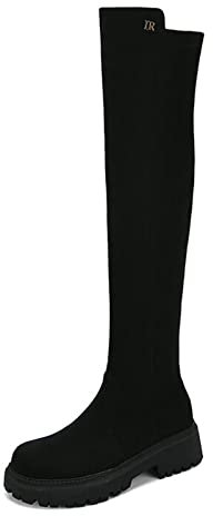 Autunno Tacco Basso Stivali Alti delle Donne Plus Size sopra Gli Stivali al Ginocchio Stivali Elastici,Nero,43 EU