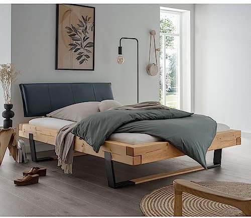 Lomadox Doppelbett Ehebett Bett Echtholz Massivholz, 180x200 cm, Fichte massiv, schwarzes Echtleder-Kopfteil, Schwarze Metallkufen mit Massivholzeinsatz, B/H/T ca. 198/88/228 cm