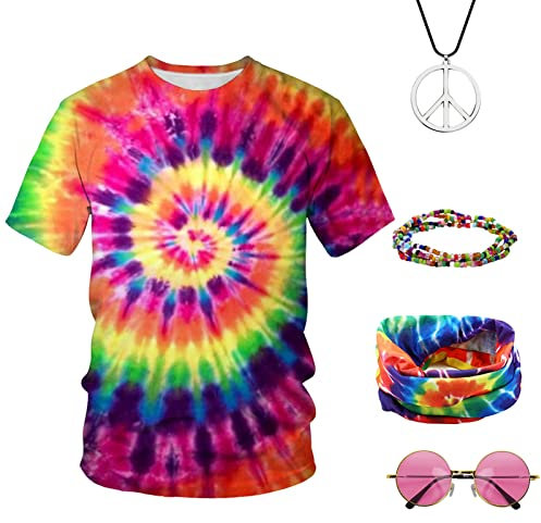 Hippie Kostüm Set für Herren & Damen, 80er Jahre Hippie Kostüm T-Shirts mit Bunt Stirnbänder Armband Halskette Sonnenblumen Accessoires, 60er 70er Jahre Outfit Erwachsene für Mode Thema Party (S)