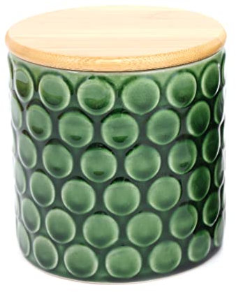 GREEN GLAZE Retro Style Ceramic Canister - Round Coffee/Tea Caddy/Kitchen Storage Container/Jar with Wooden Lid - 13.5 cm - FERN or SPOT (Spot)