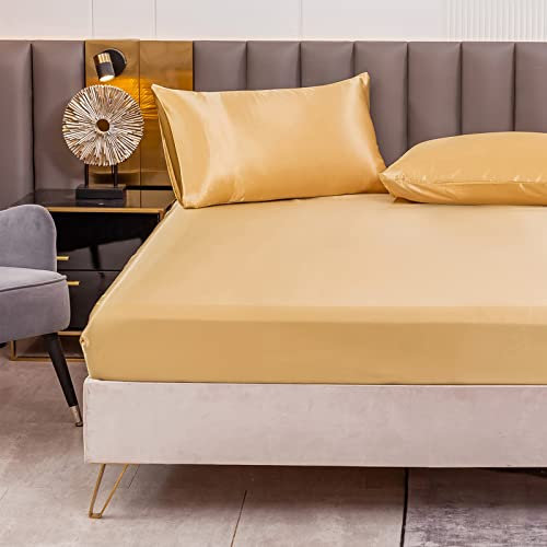 Satin Spannbettlaken Einfarbig 180x200 cm für Matratzen bis 30cm, Betttuch Leintuch Weiche Polyester-Satin Spannbetttuch Bettlaken Goldgelb