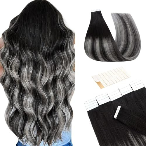 TESS Tape Extensions Echthaar #1BT1BPGREY Natürlich Schwarz Gemischt Silber Grau Echthaar Tape in Haarverlängerung Remy Human Hair Glatt 10 Stück 20(50cm)-25g