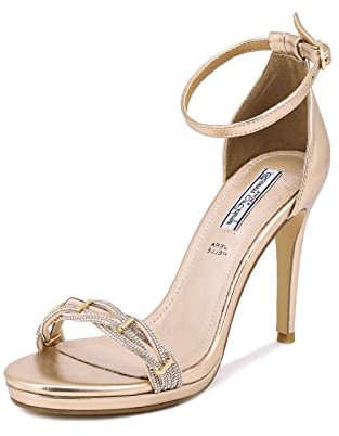 QUEEN HELENA Sandali Eleganti con Tacco a Spillo con Strass con Cinturino Donna ZM9091 (Champagne, numeric_40)